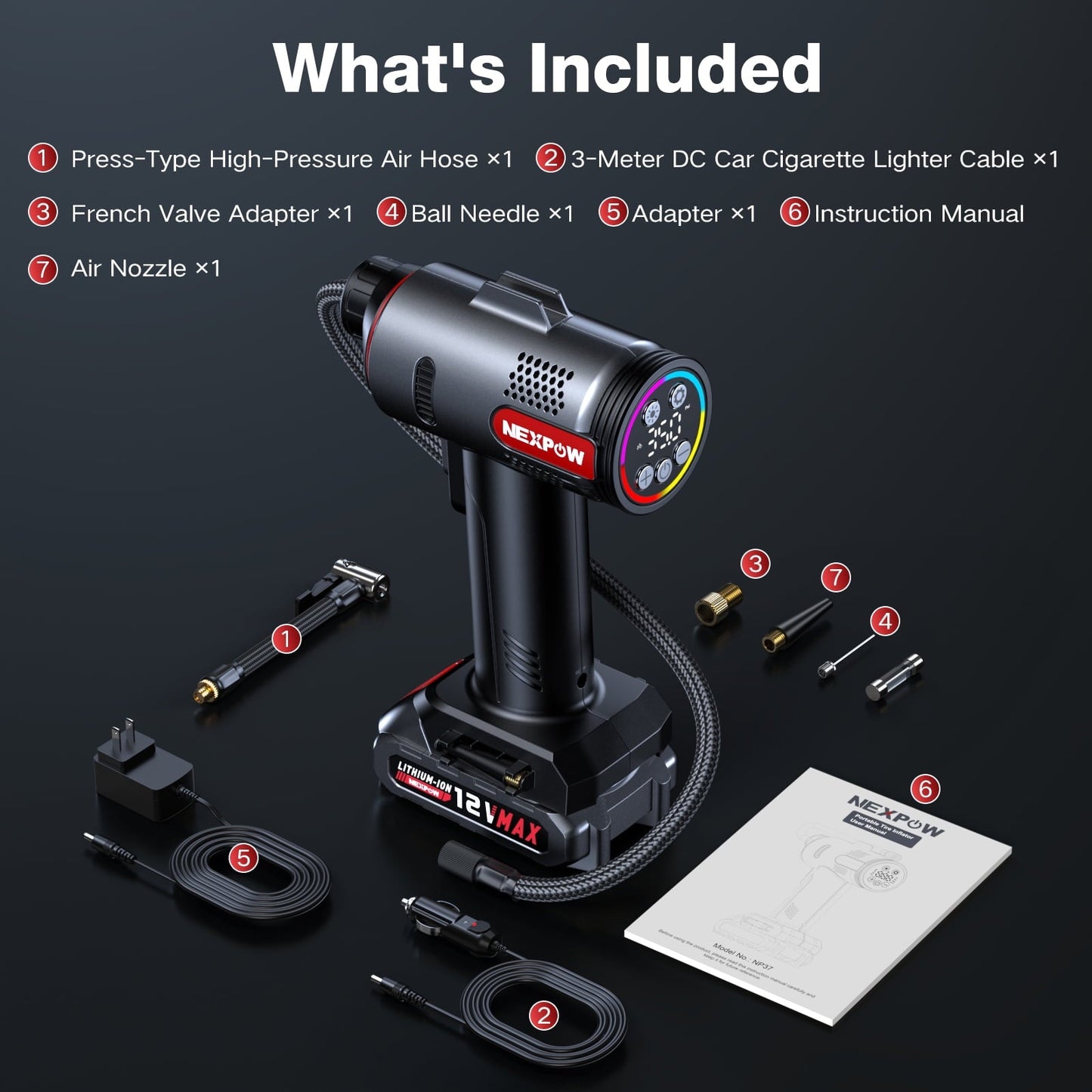 NEXPOW Tire Inflator Portable Air Compressor, 160PSI Cordless Car Tire Pump, Rechargeable Battery Powered Air Compressor 12V DC Adapter, Digital Pressure Gauge