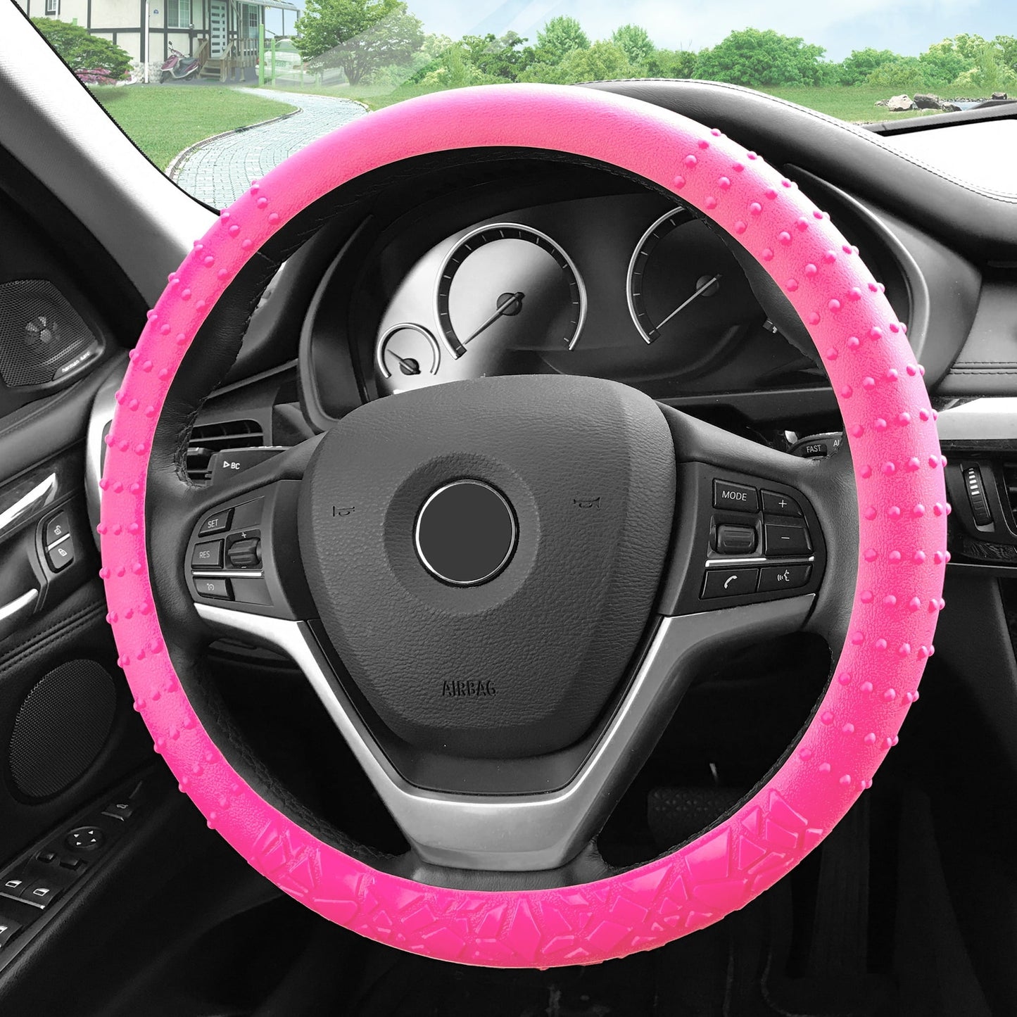 FH Group Soft Silicone Steering Wheel Cover with Textured Pattern and Anti-Slip Grip Design, UV-Resistant, Easy Installation, Durable, Waterproof & Odorless, Universal Fits 14.5" - 15.5" - Pink