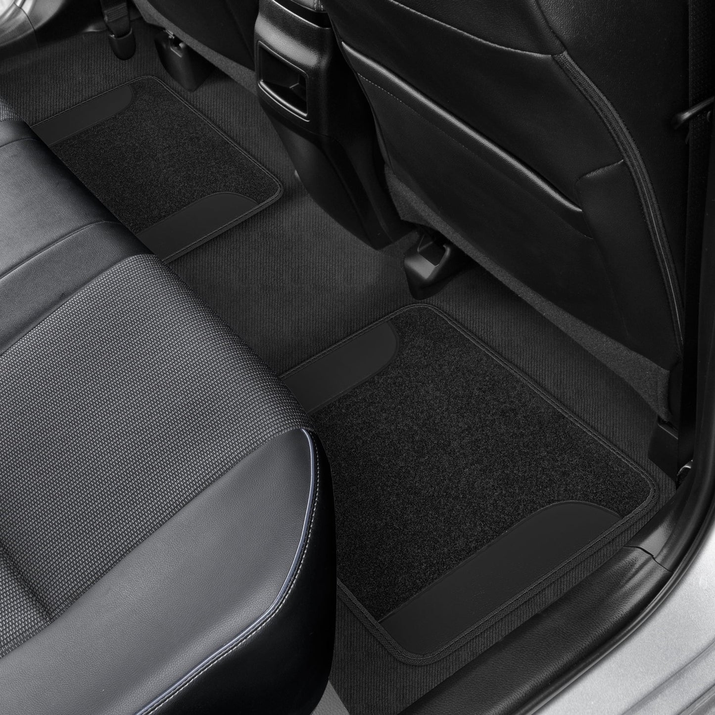 BDK Floor Mats for Cars, Two-Tone Carpet with Faux Leather Accents, Automotive Floor Mat Set with Built-In Heel Pad, Stylish Interior Car Accessories (Black)