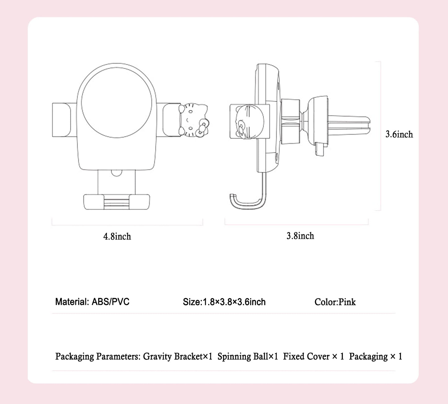 WANNGWEE Hello Kitty Phone Mount for Car, Pink Cat Air Vent Clip Car Phone Holder Mount Fit for All Cell Phone, Pretty Car Accessories for Women and Girls WW728#1632