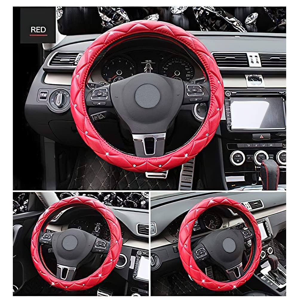 eing Pu Leather Steering Wheel Cover,Bling Crystal Steering Wheel Cover Universal Fit 15" Car Wheel Protector for Women Girls,Red