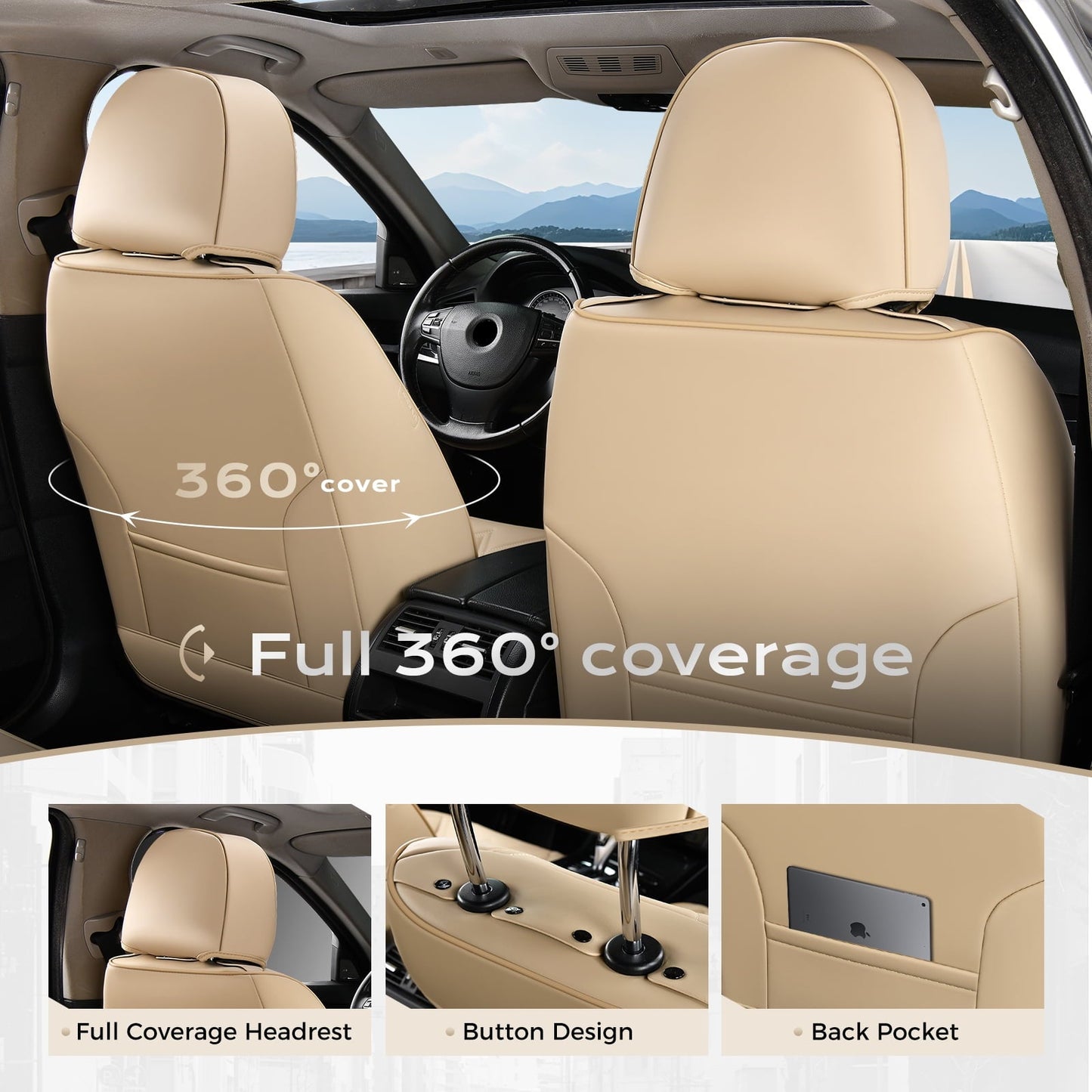Coverado Front Covers For Cars, Waterproof Faux Leather Seat Protectors 2 Seats, Auto Cushions Universal Fit for Most Cars, Beige