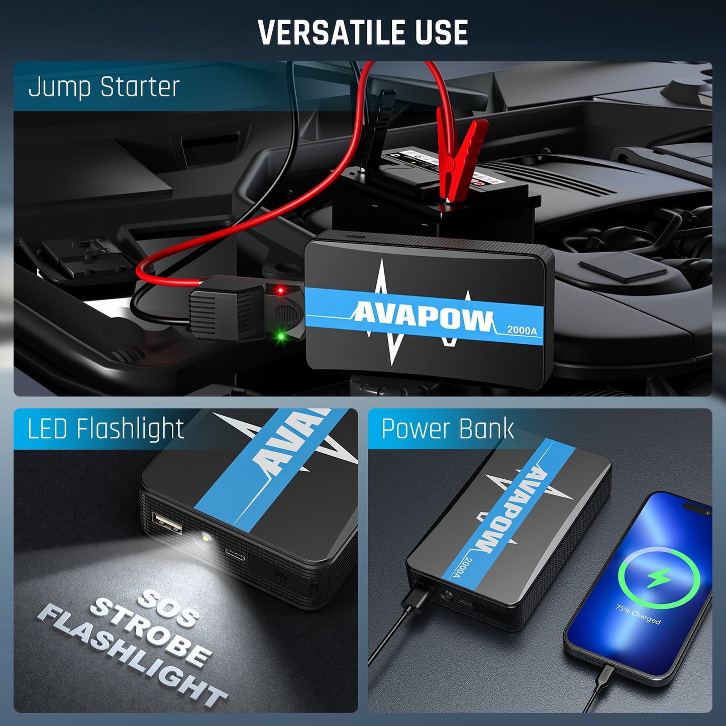 AVAPOW Car Jump Starter, 1000A Peak 12V Battery Jump Starter (up to 7.0L Gas) Booster Pack, Power Bank with Built-in LED Light
