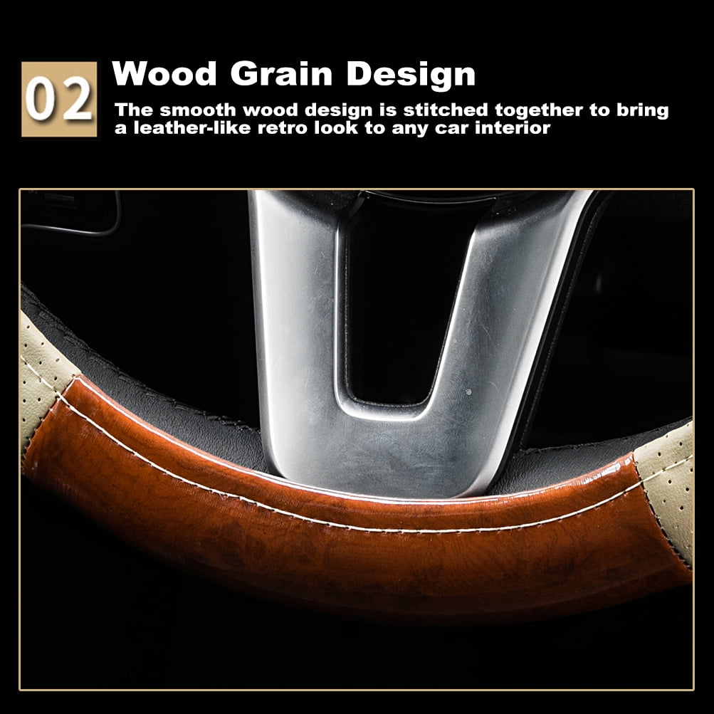 XUKEY Beige Wood Grain Car Steering Wheel Cover Leather 14.5" to 15" Breathable Anti-Slip Universal