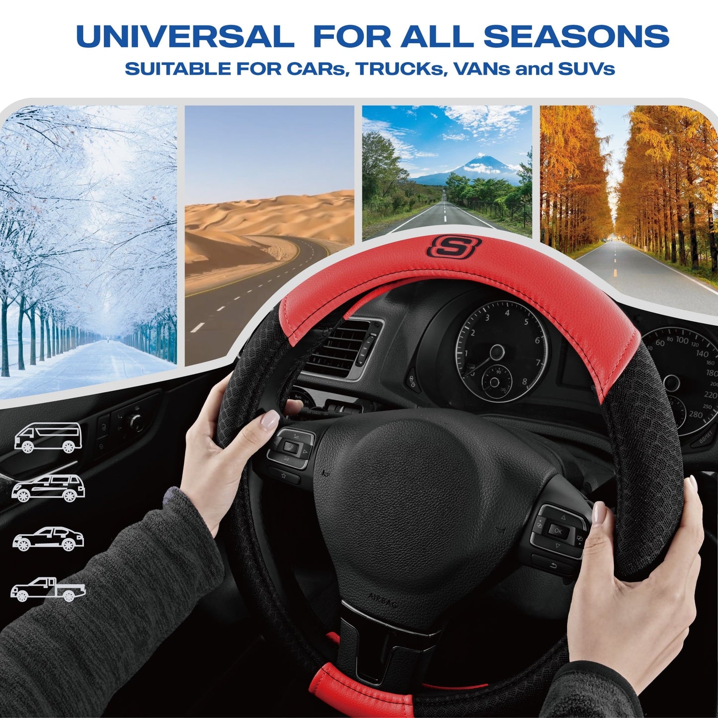 Skechers Air Cooled Memory Foam Steering Wheel Cover, Breathable Comfort Grip, Soft Leather, All-Season Fit for Cars, SUVs, and Trucks Red