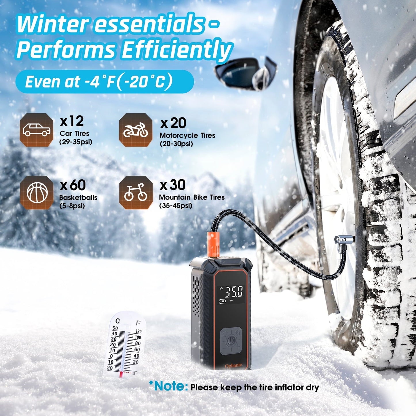 Ophanie Cordless Portable Tire Inflator - 160 Psi Digital Pressure Gauge, Air Compressor for Car Tires with Automatic Shutoff, Emergency LED Light, Compact Automotive Pump