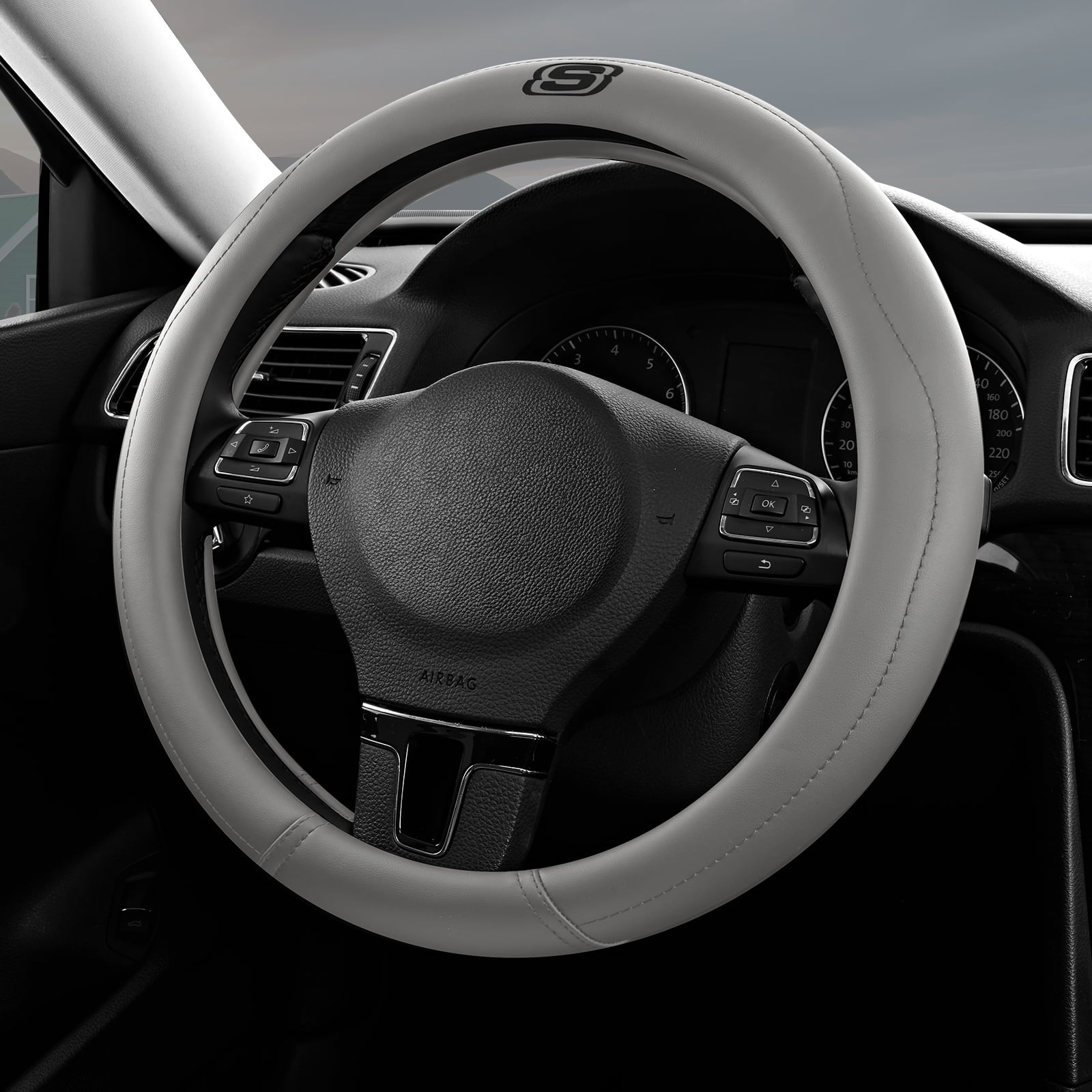 Skechers Leather Steering Wheel Cover, Premium Non-Slip Comfort, Durable and Universal Fit for Cars and Trucks Gray