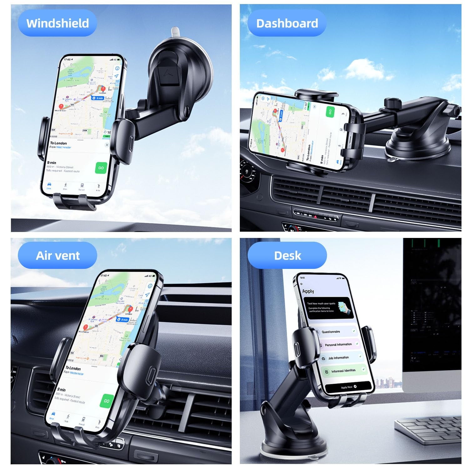 YOOVEE Universal Car Phone Holder Upgraded 360° Rotatable for Dashboard, Windshield & Air Vent Mount for 4.0"-7.0" Phones (iPhone, Google Pixel, Samsung Galaxy, Motorola,etc)