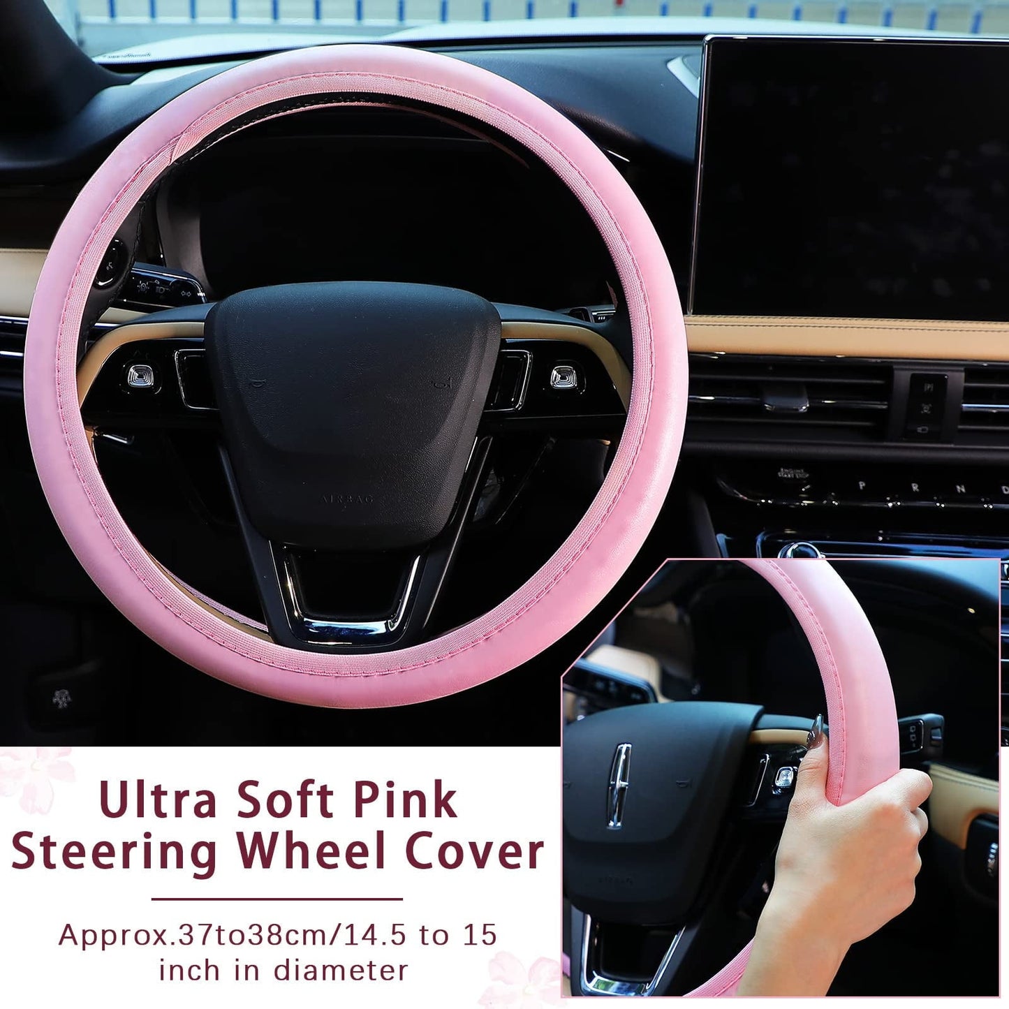 10 PCS Car Accessories Leather Steering Wheel Cover Set, Car Steering Wheel Cover for Women with Seat Belt Pads Cup Holders Start Button, Pink
