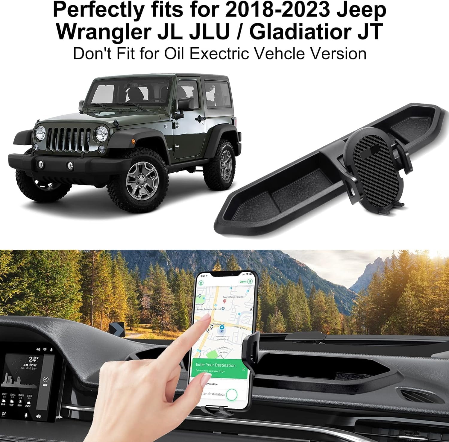 DIAMOOKY Phone Mount for 2018-2023 Jeep Wrangler JL JLU & Gladiator JT, Phone Holder Dash Tray System Kit with Metal Rod Extension Arm 360° Adjustable