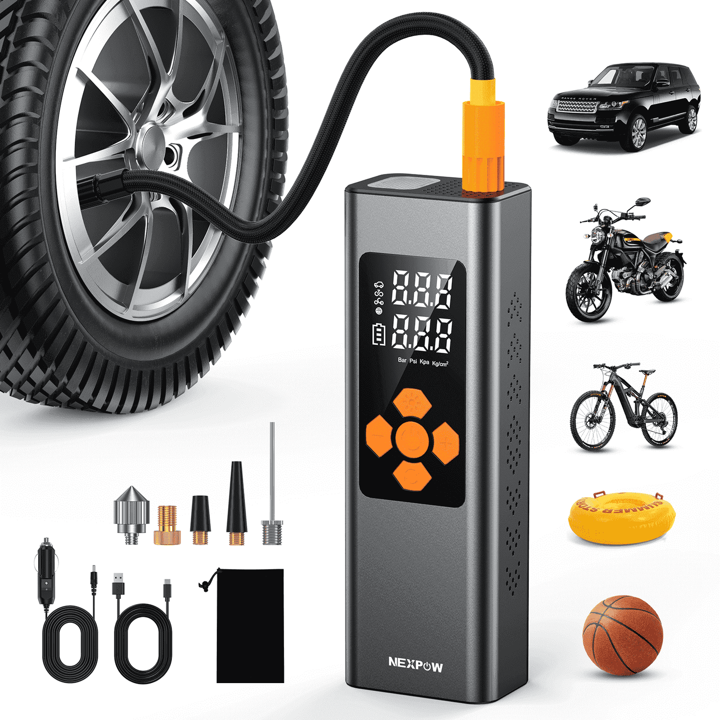 NEXPOW Tire Inflator Portable Air Compressor, 150 PSI Air Pump for Car Tires with Pressure Gauge, LED Light and Auto Shut-Off, Cordless Pump with Dual Power Supply for Cars, Bikes, Balls