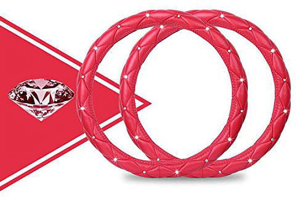 eing Pu Leather Steering Wheel Cover,Bling Crystal Steering Wheel Cover Universal Fit 15" Car Wheel Protector for Women Girls,Red