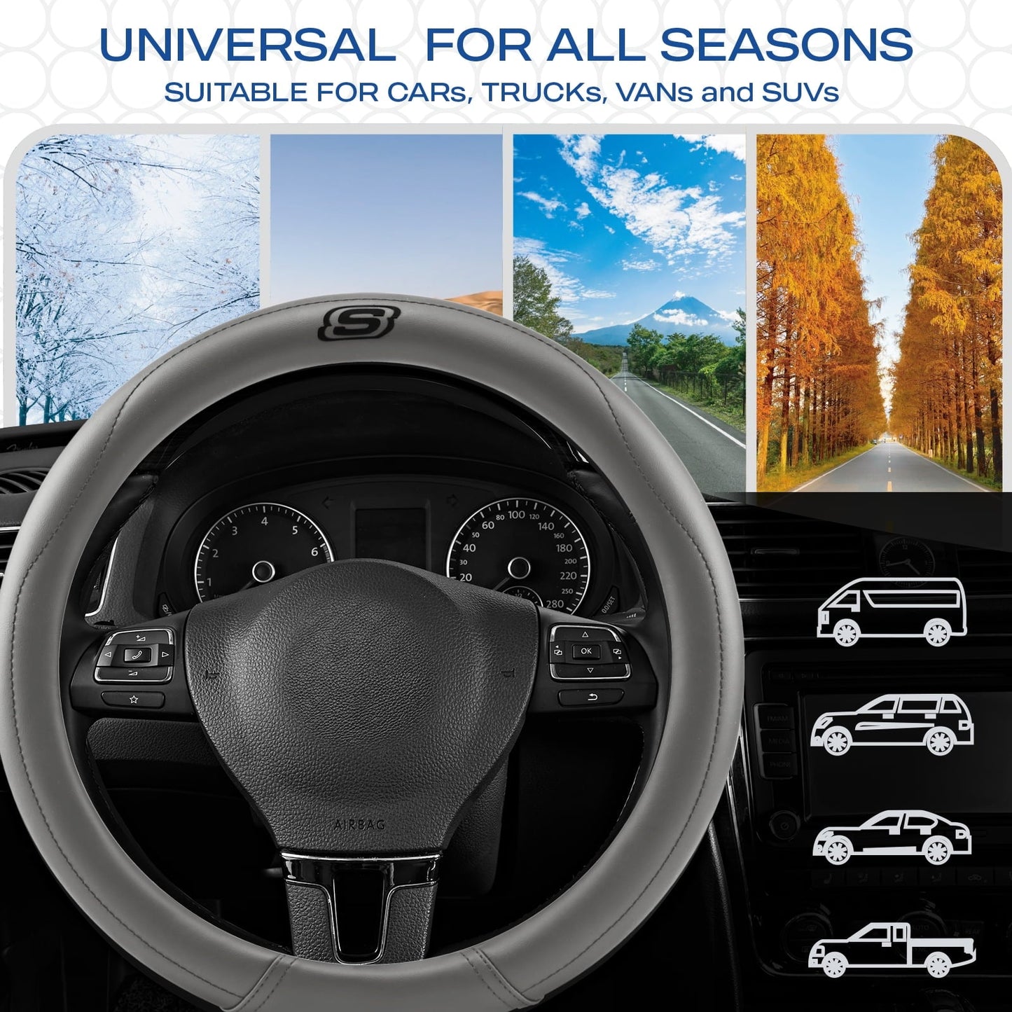 Skechers Leather Steering Wheel Cover, Premium Non-Slip Comfort, Durable and Universal Fit for Cars and Trucks Gray