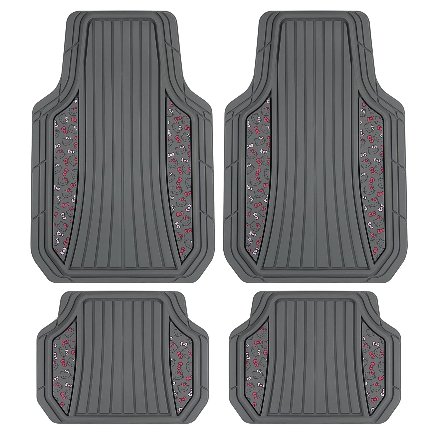 Hello Kitty 4pc Car Mats for Cars, Trucks, SUVs - Kawaii Rubber Floor Mats for Women & Men, Heavy Duty Non-Slip Front & Rear Mats, Cute Hello Kitty Accessories, Classic Gray with Pink Bows