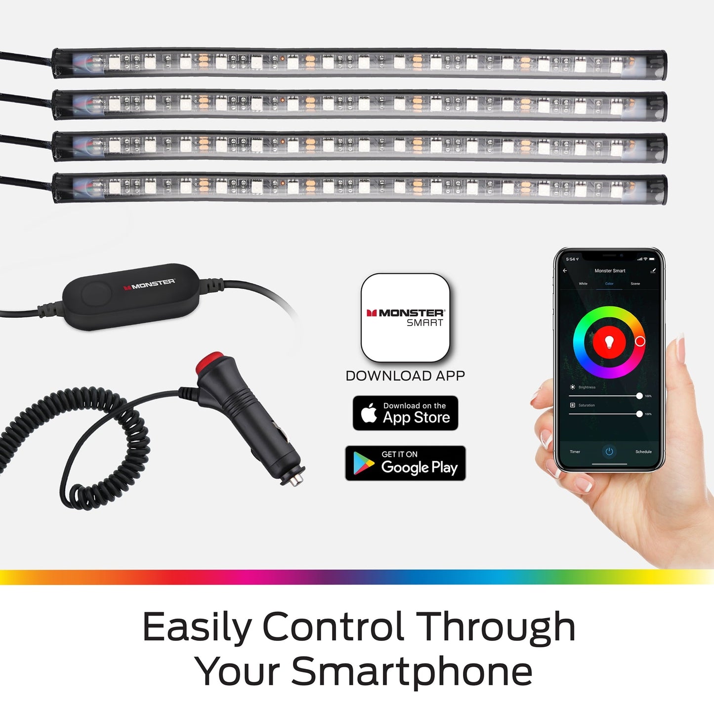 Monster Basics Bluetooth Car Interior Lights, Sound-Reactive Multi-Color RGB Lights, 4-Pack