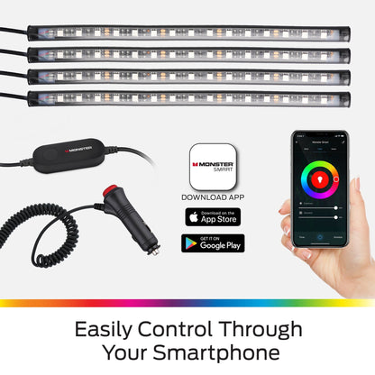 Monster Basics Bluetooth Car Interior Lights, Sound-Reactive Multi-Color RGB Lights, 4-Pack