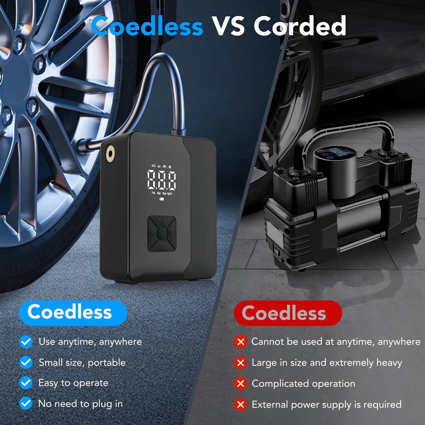 KT1 Tire Inflator Portable Air Compressor with Digital Pressure Gauge, LED Light, 150PSI Fast Inflation for Car, Bikes, Sports Balls, Inflatable Toys, Perfect for Families, Outdoor