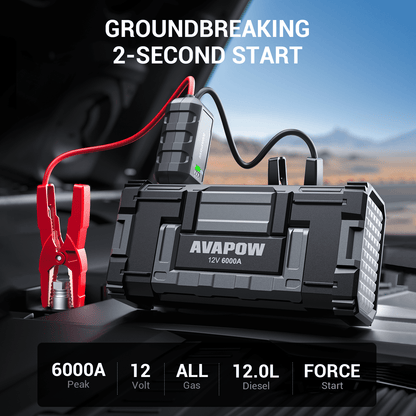 AVAPOW 6000A Car Battery Jump Starter(for All Gas or up to 12L Diesel) Powerful Car Jump Starter with Dual USB Quick Charge and DC Output,12V Jump Pack with Built-in LED Bright Light