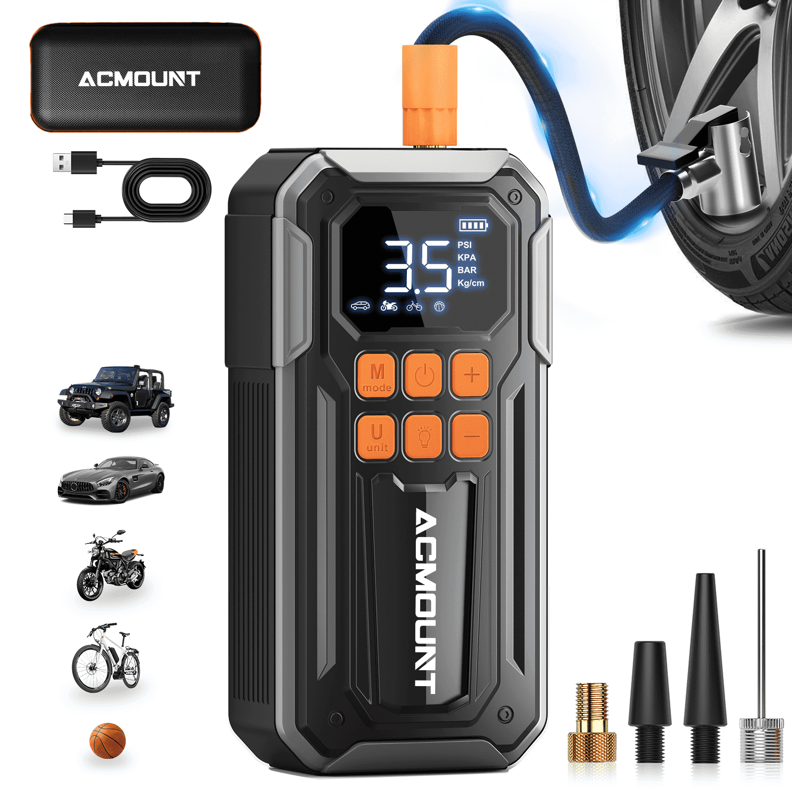 ACMOUNT 10000mAh 160PSI Tire Inflator, Portable Air Compressor, 3X Faster Inflation, Rechargeable Tire Air Pump With 5 Modes and 3-LED Light, Silver