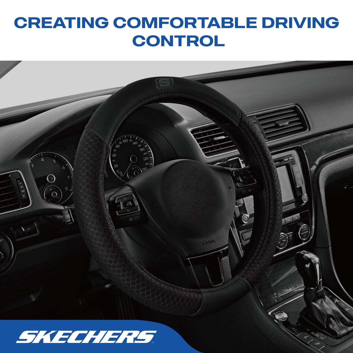 Skechers Air Cooled Memory Foam Steering Wheel Cover, Breathable Comfort Grip, Soft Leather, All-Season Fit for Cars, SUVs, and Trucks Hot Black