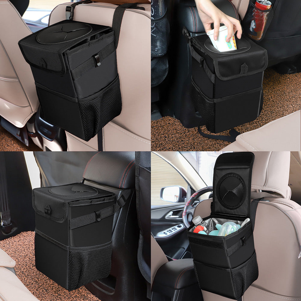 Walbest Car Can with Lid - Car Bag Hanging with Storage Pockets Collapsible and Portable Car Garbage Bin