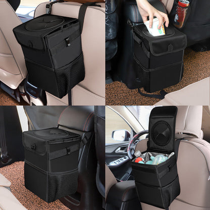 Walbest Car Can with Lid - Car Bag Hanging with Storage Pockets Collapsible and Portable Car Garbage Bin