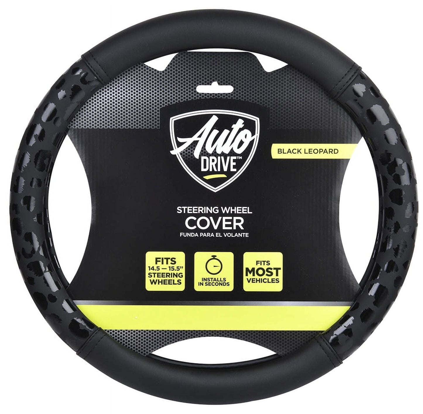 Auto Drive Black Leopard Faux Leather Steering Wheel Cover, Universal Fit for Sedans, SUVs, Set of 1