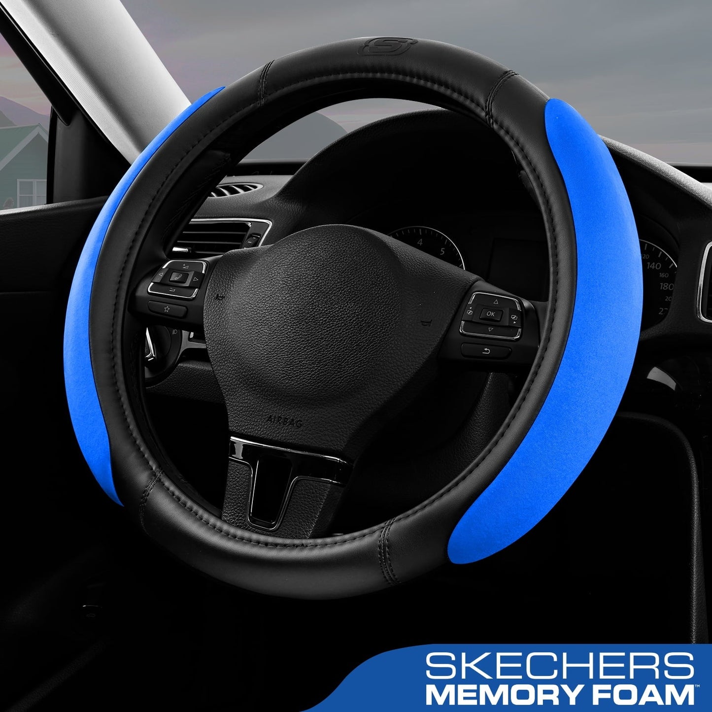 Skechers Steering Wheel Cover with Memory Foam, Breathable Non-Slip, Universal Fit 14.5"-15" Car Accessories Blue