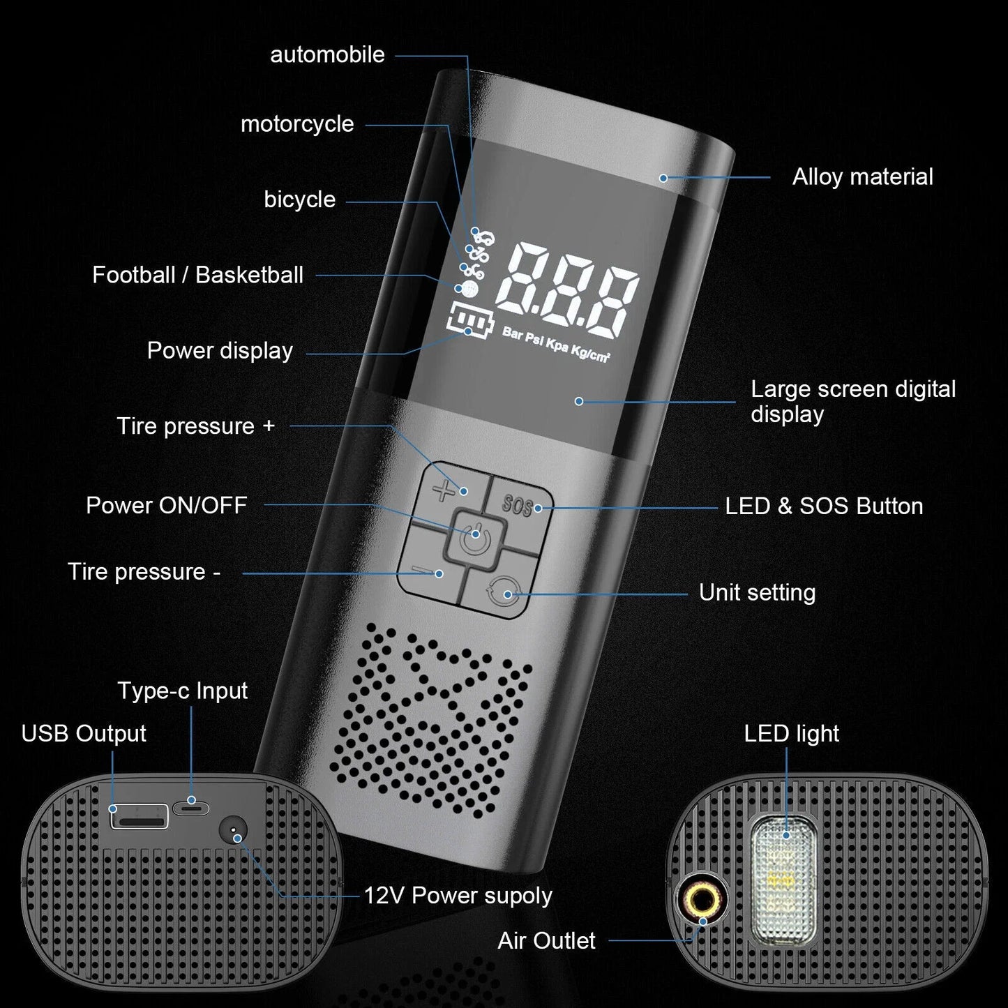 150 PSI Air Compressor Tire Inflator Fits Car Moto Bike Tires Air Pump Portable