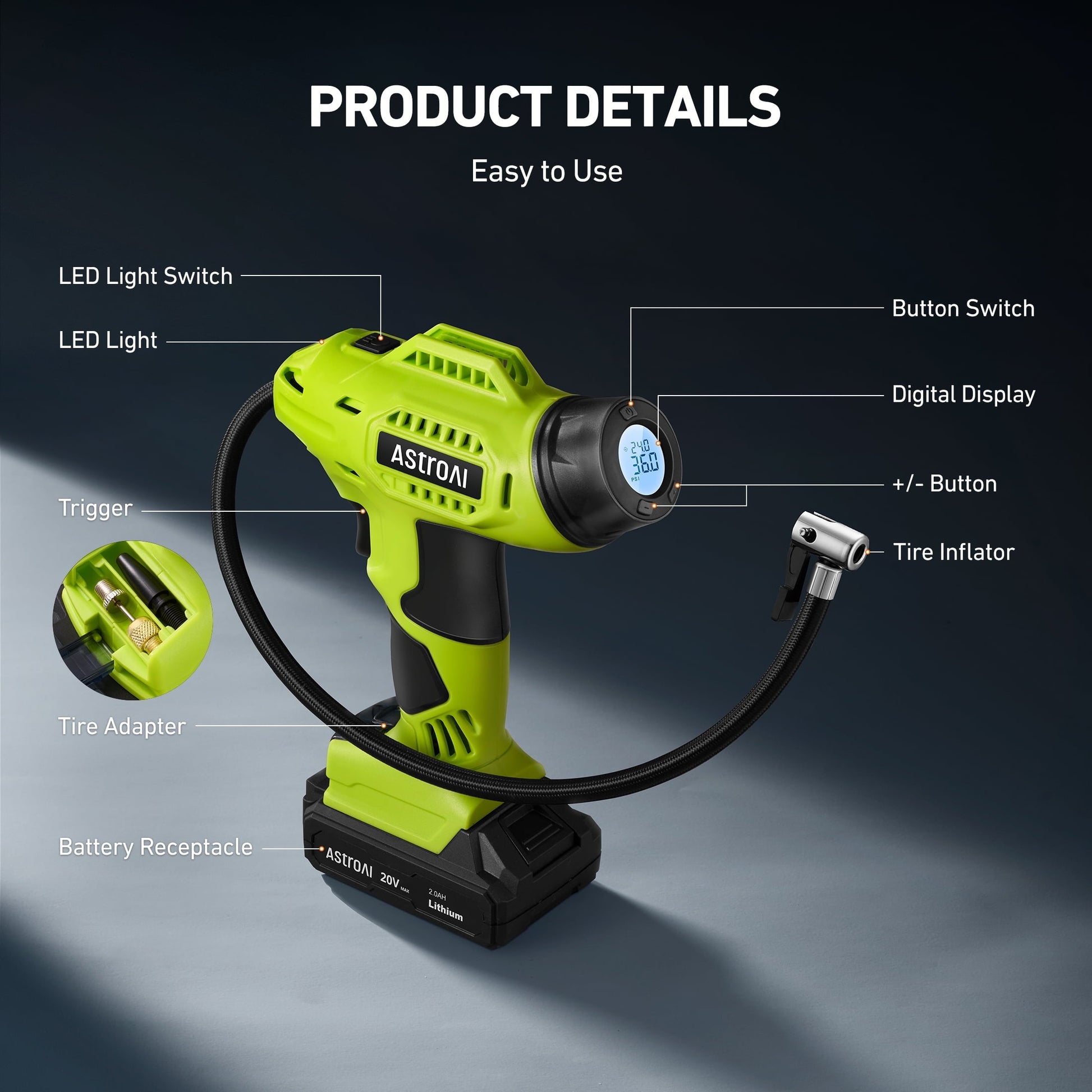 AstroAI Cordless Tire Inflator Portable Air Compressor Electric Pump, 160PSI Handheld Air Pump with 20V Rechargeable Battery Auto Shutoff, Digital Pressure Gauge for Cars Tires, for Gift, Green