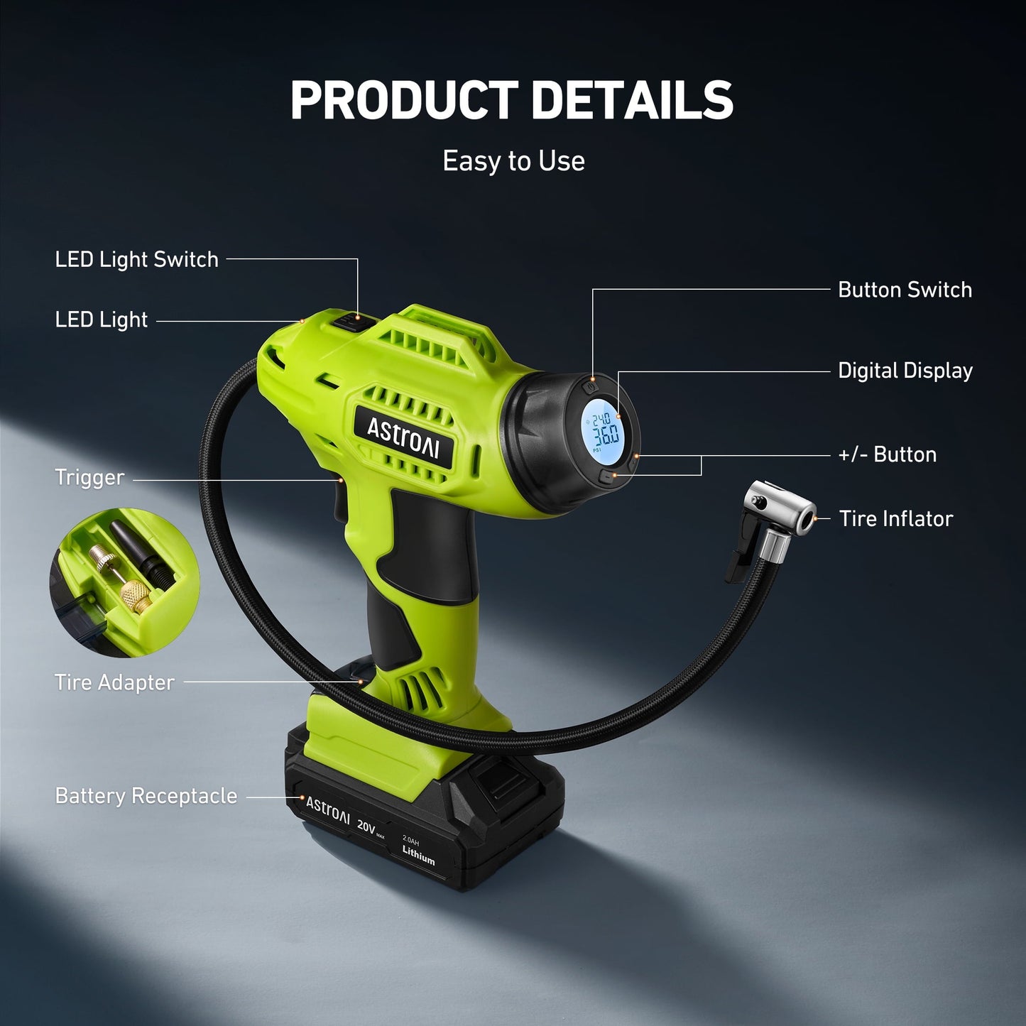 AstroAI Cordless Tire Inflator Portable Air Compressor Electric Pump, 160PSI Handheld Air Pump with 20V Rechargeable Battery Auto Shutoff, Digital Pressure Gauge for Cars Tires, for Gift, Green