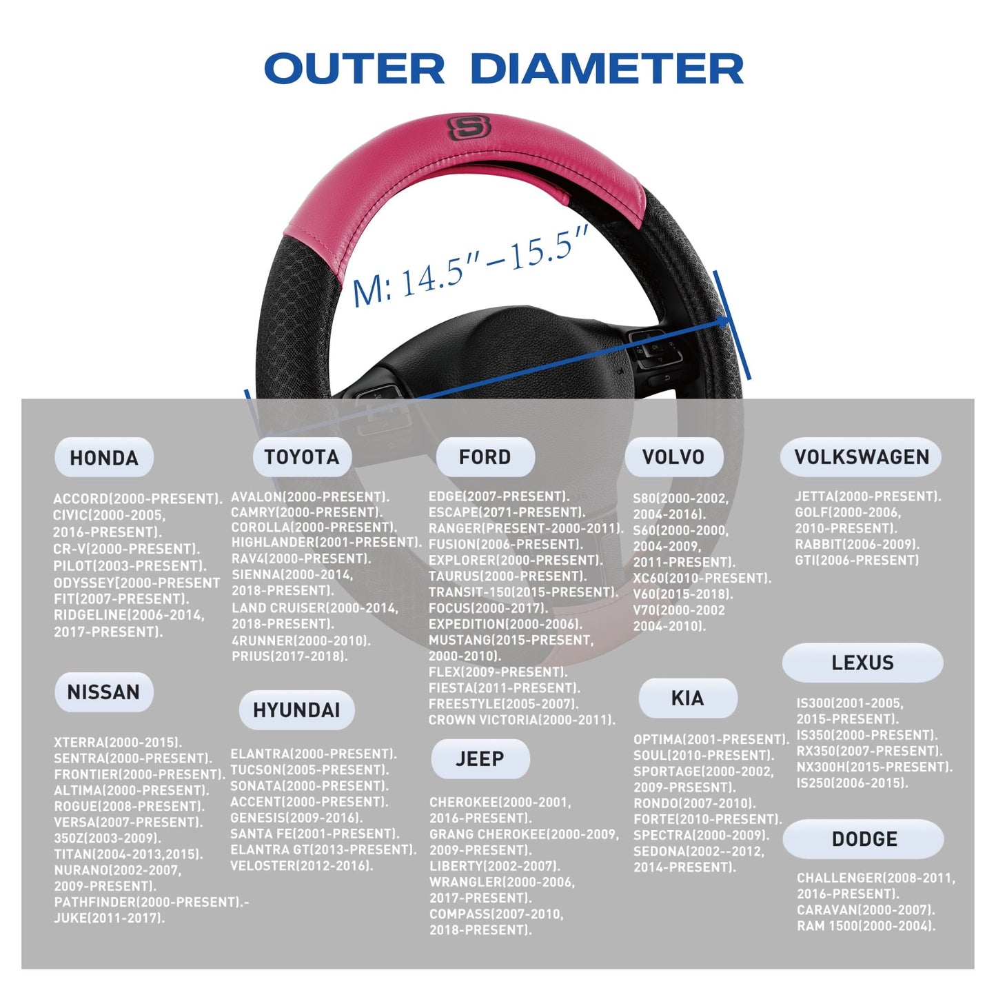 Skechers Air Cooled Memory Foam Steering Wheel Cover, Breathable Comfort Grip, Soft Leather, All-Season Fit for Cars, SUVs, and Trucks Hot Pink