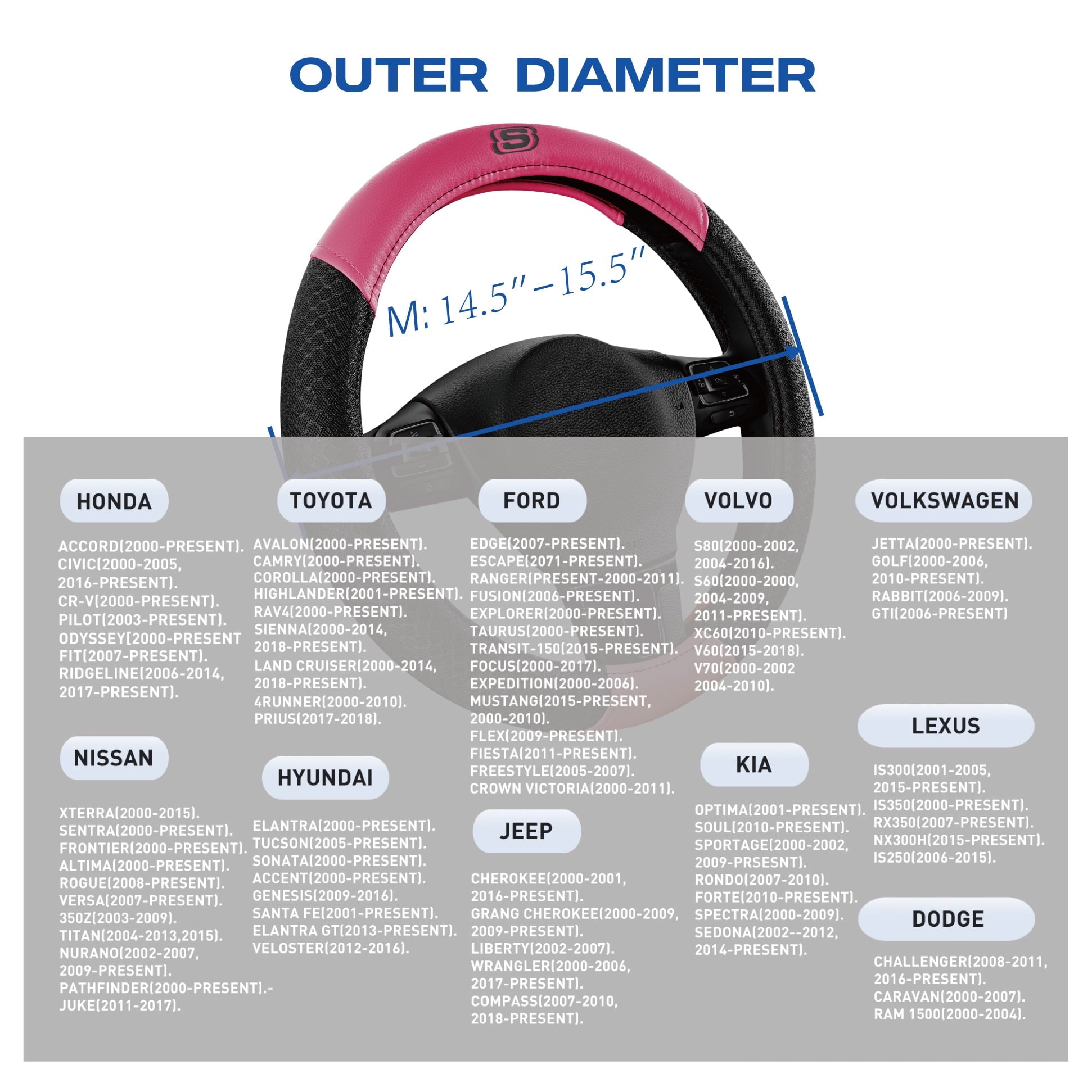 Skechers Air Cooled Memory Foam Steering Wheel Cover, Breathable Comfort Grip, Soft Leather, All-Season Fit for Cars, SUVs, and Trucks Hot Pink