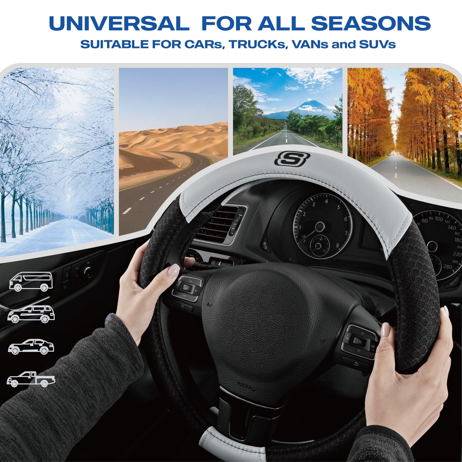 Skechers Air Cooled Memory Foam Steering Wheel Cover, Breathable Comfort Grip, Soft Leather, All-Season Fit for Cars, SUVs, and Trucks Gray