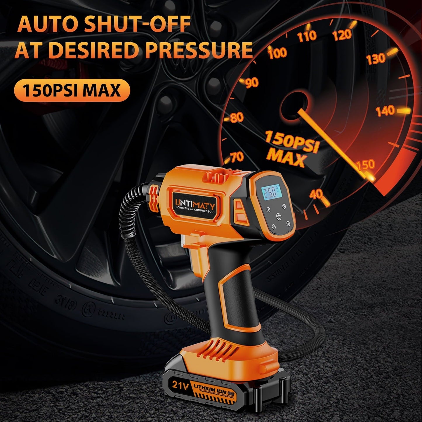 Cordless Tire Inflator, UNTIMATY Portable Air Compressor, 150PSI Handheld Air Pump with 21V Rechargeable Battery, Digital Pressure Gauge for Cars Motorcycles