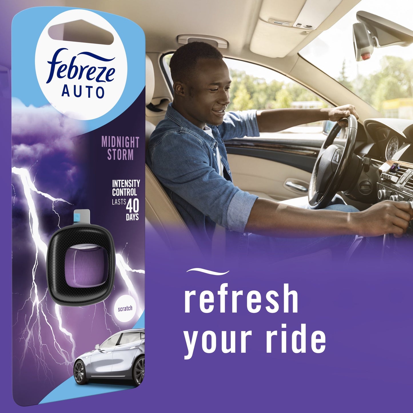 Febreze AUTO Car Air Freshener, Odor-Fighting Car Vent Clip, Midnight Storm, 2 Count