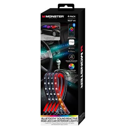 Monster Basics Bluetooth Car Interior Lights, Sound-Reactive Multi-Color RGB Lights, 4-Pack