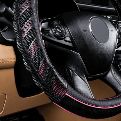 Flying Banner car Steering Wheel Cover Faux Leather Massage Universal fit 3D Honeycomb Hole Anti-Slip Sporty 15 inches (Pink Black)