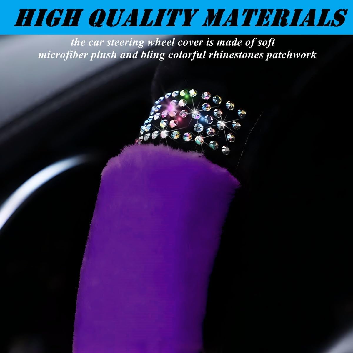 Fluffy Steering Wheel Cover, Universal 15 Inch Colorful Rhinestones Car Steering Wheel Cover, Sparkly Crystal Diamond Steering Wheel Protector for Women Girls,Purple