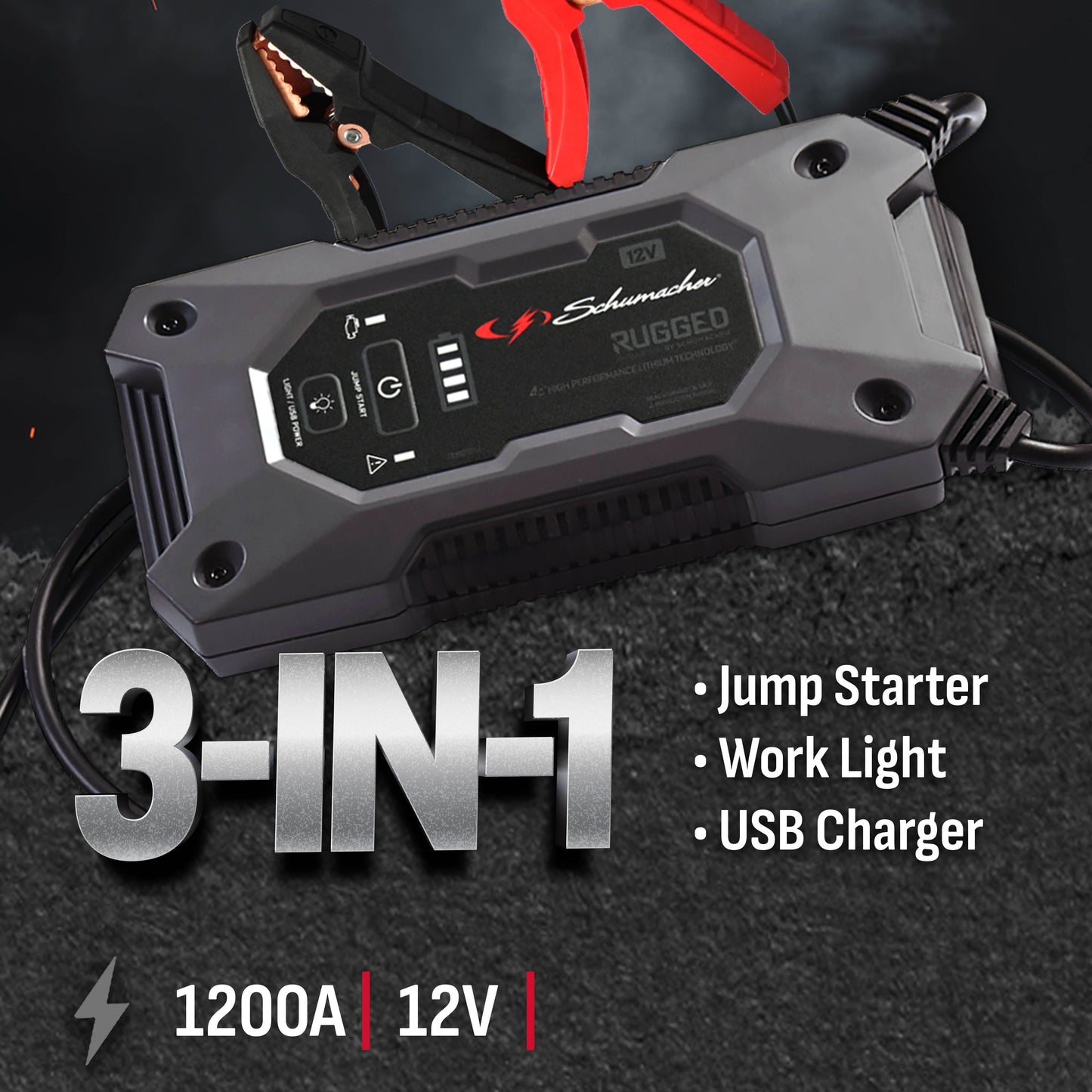 Schumacher Electric Rugged 1200A Lithium Car Battery Jump Starter and Power pack/Jump Box, USB Charging, 12V Sport, Auto, and Marine Batteries, SL1668