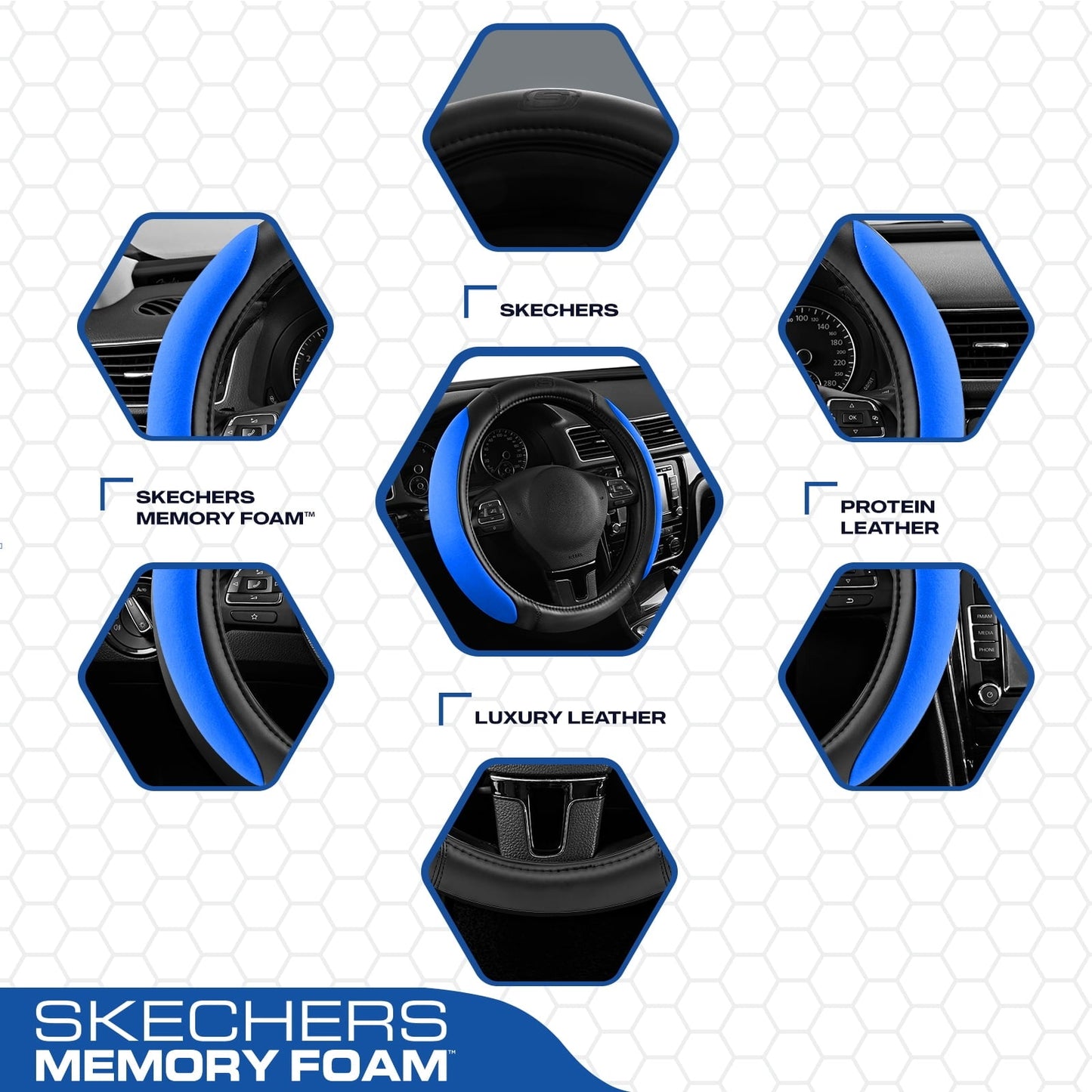 Skechers Steering Wheel Cover with Memory Foam, Breathable Non-Slip, Universal Fit 14.5"-15" Car Accessories Blue