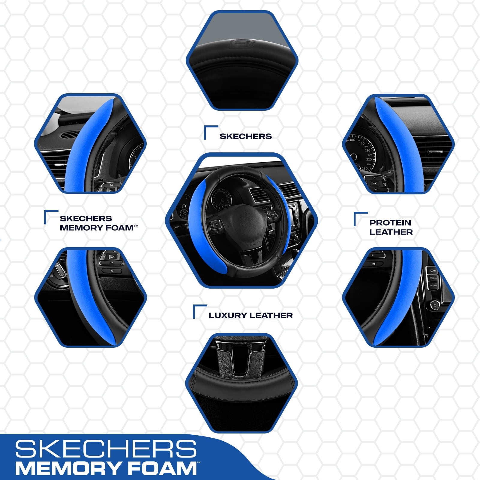 Skechers Steering Wheel Cover with Memory Foam, Breathable Non-Slip, Universal Fit 14.5"-15" Car Accessories Blue