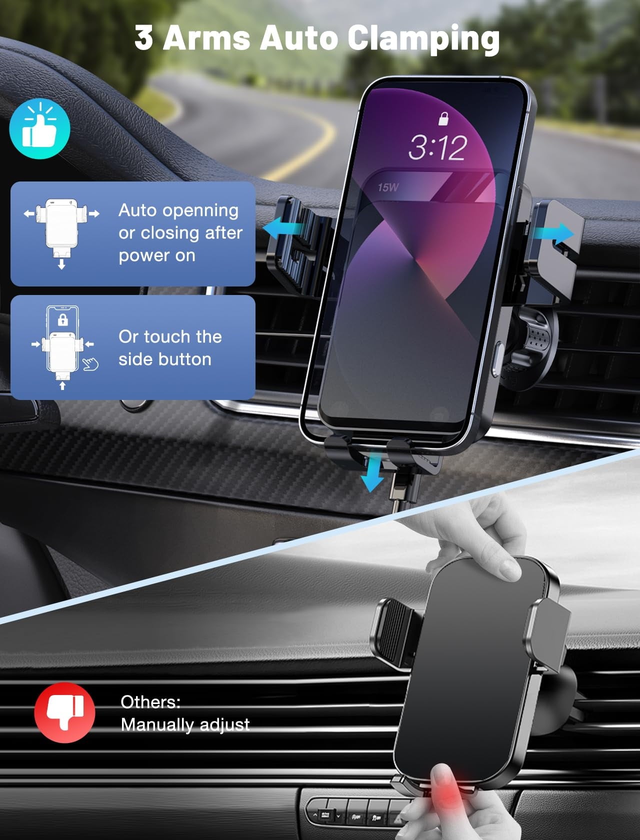 Wireless Car Charger, MOKPR Auto-Clamping Car Mount H2FSD15W/10W/7.5W Air Vent Car Phone Mount Compatible with iPhone 15/14/13/13 Pro/12 Pro Max/12 pro/12/11/10 Series, Samsung Galaxy Series