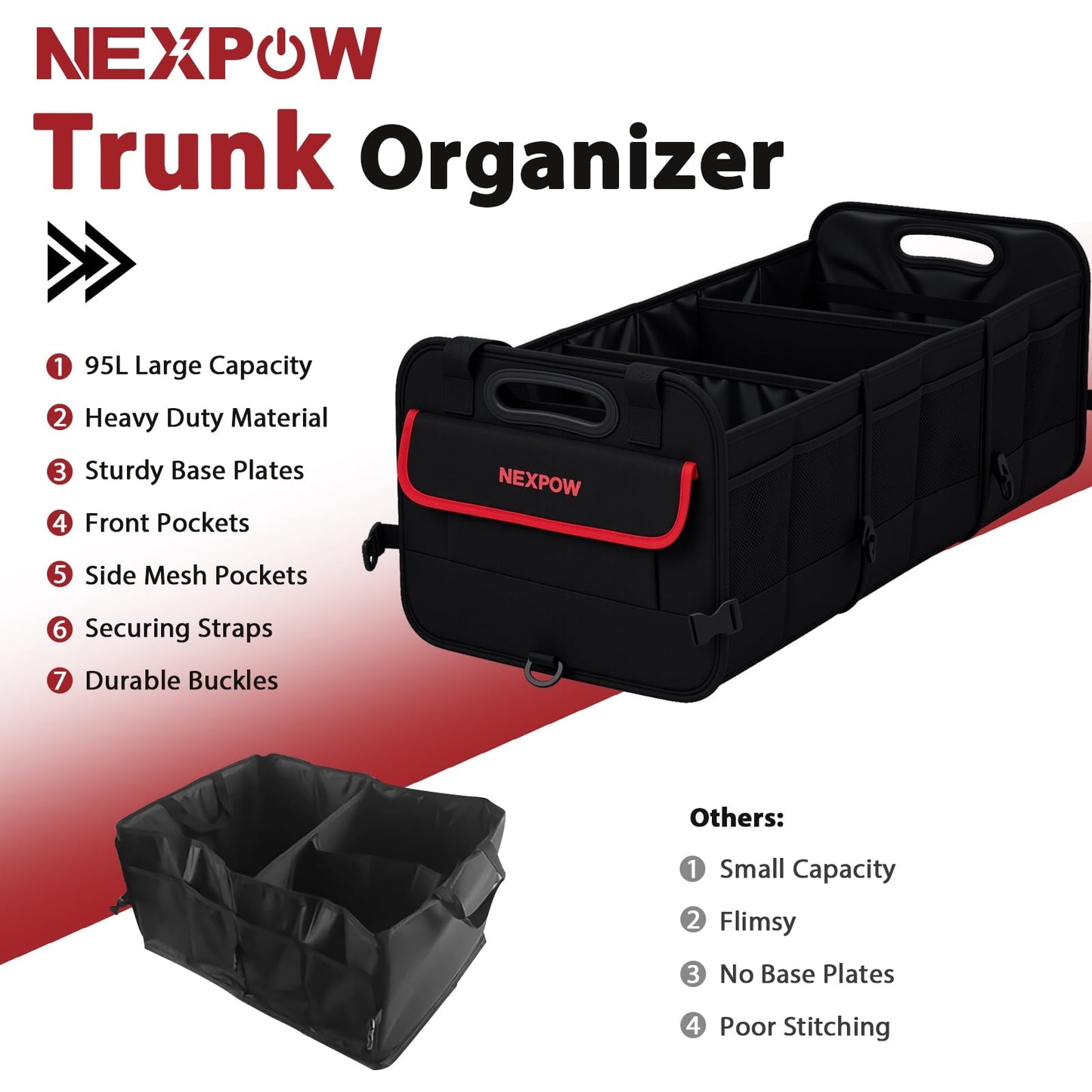 NEXPOW Car Trunk Organizer, 95L Collapsible SUV Organizer, Multi-Compartment, Car Storage Box with 2 Adjustable Straps for Women Men