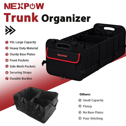 NEXPOW Car Trunk Organizer, 95L Collapsible SUV Organizer, Multi-Compartment, Car Storage Box with 2 Adjustable Straps for Women Men