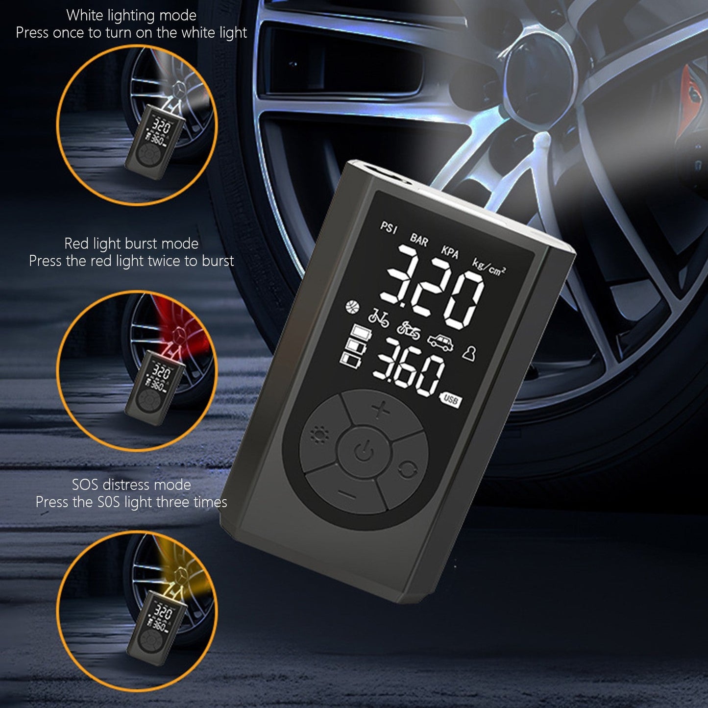 Tire Inflator Portable Air Compressor, 160 PSI Portable Air Pump, 3X Faster Air Pump with Digital Pressure Gauge, LED Light, and Multiple Adapters for Car, Moto, Bike, and Other Inflatables