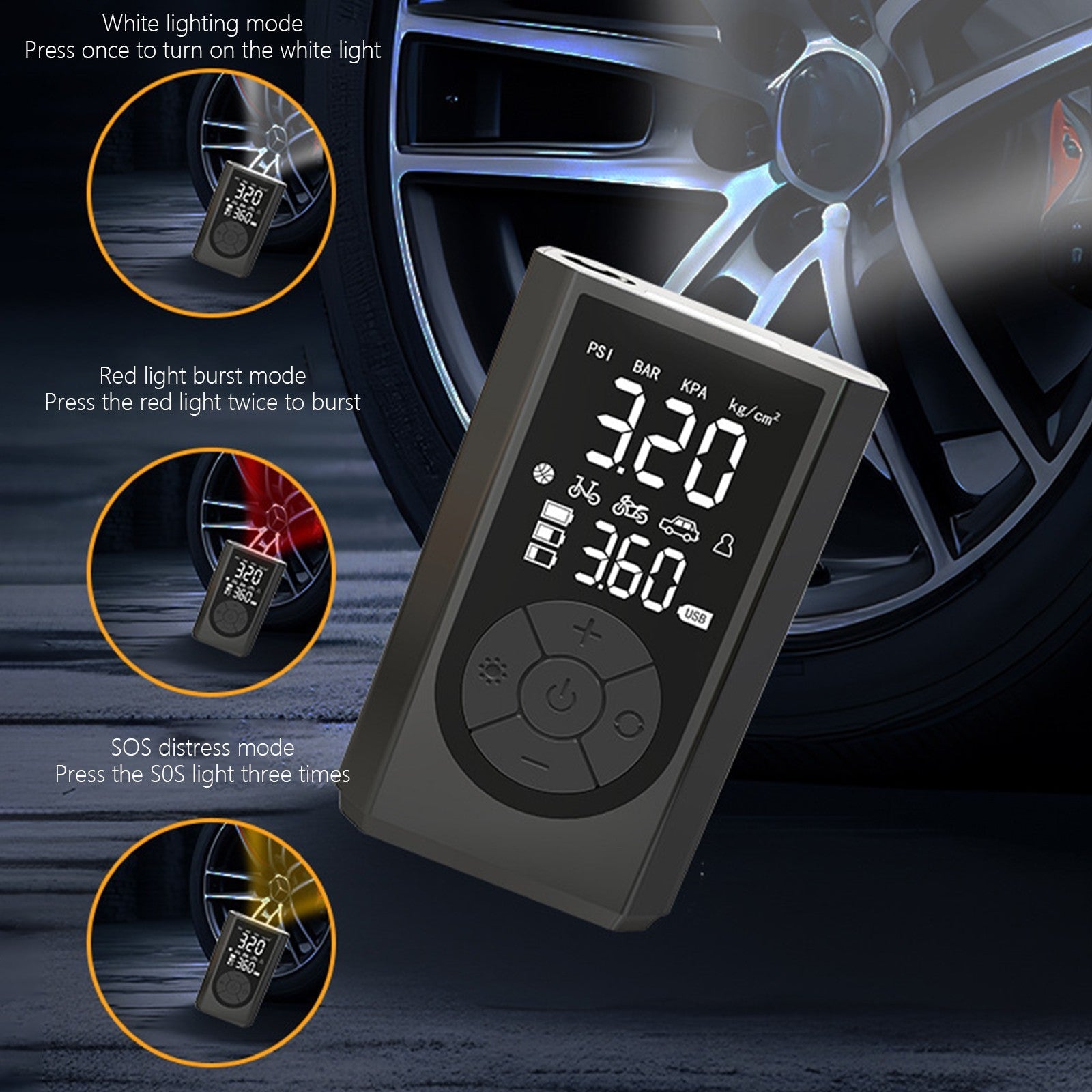 Tire Inflator Portable Air Compressor, 160 PSI Portable Air Pump, 3X Faster Air Pump with Digital Pressure Gauge, LED Light, and Multiple Adapters for Car, Moto, Bike, and Other Inflatables