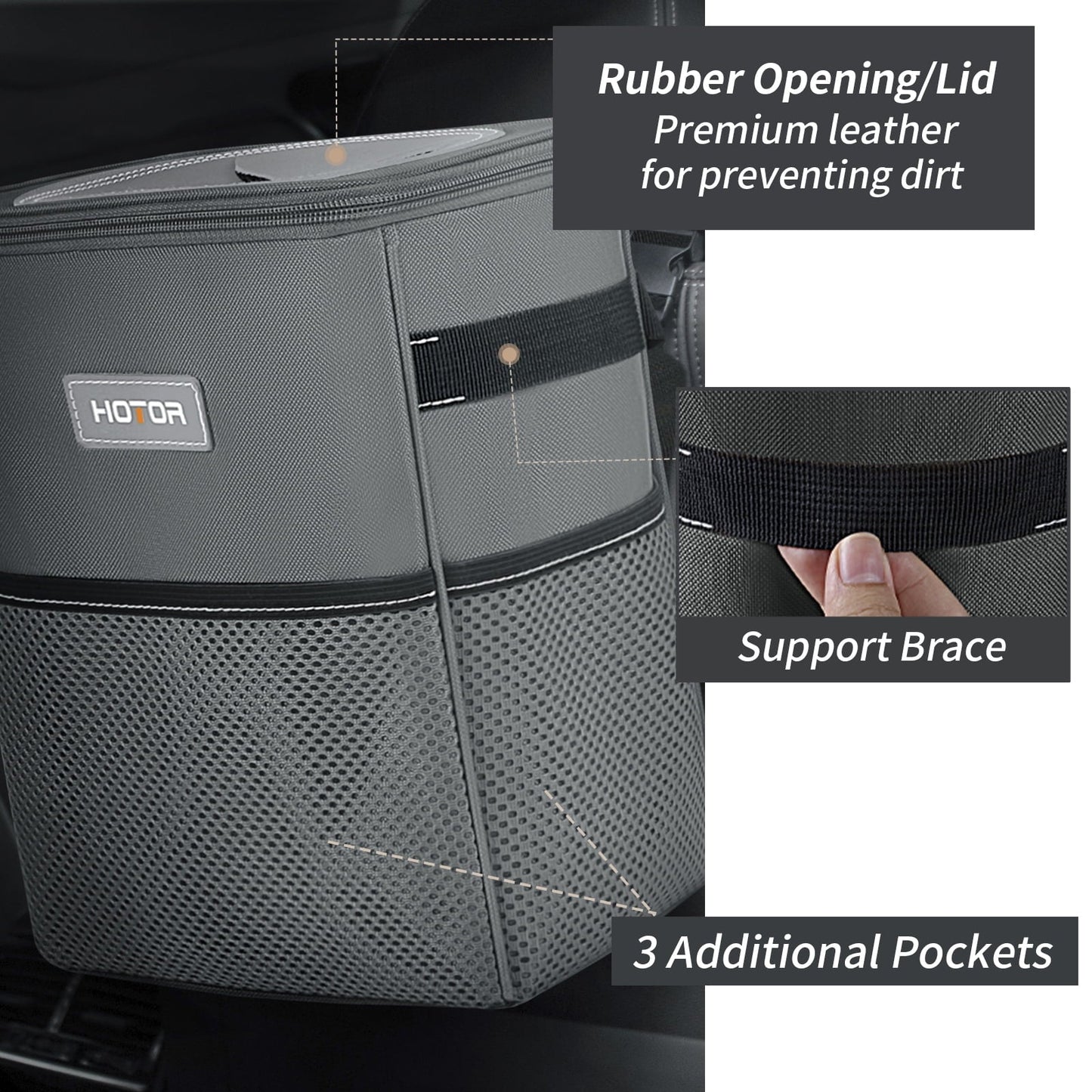 HOTOR Car Trash Can with Lid, Leak-Proof Car Garbage Can with Mesh Pockets, Car Accessories, 2 Gallons, Gray