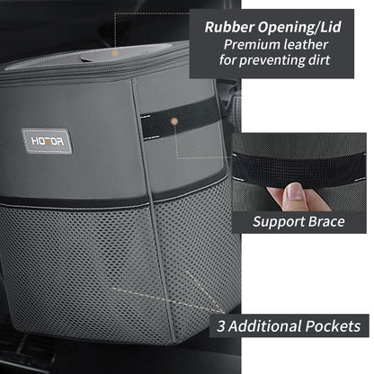 HOTOR Car Trash Can with Lid, Leak-Proof Car Garbage Can with Mesh Pockets, Car Accessories, 2 Gallons, Gray