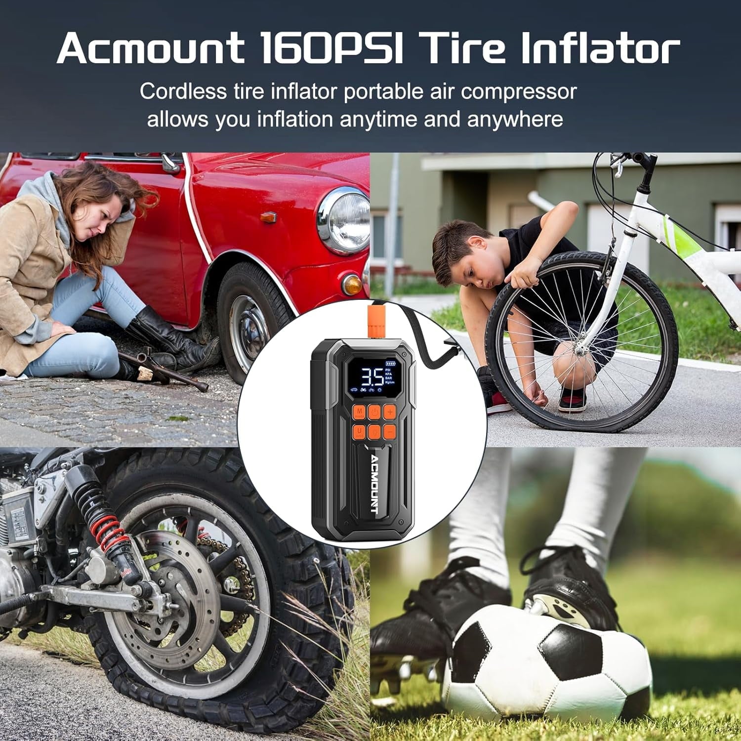 ACMOUNT 10000mAh 160PSI Tire Inflator, Portable Air Compressor, 3X Faster Inflation, Rechargeable Tire Air Pump With 5 Modes and 3-LED Light, Silver